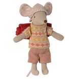 Sentence with replacement: Maileg Hiker Mouse, Big Sister dressed in a sweater and shorts with a cape on the back, part of the hiker collection toys.