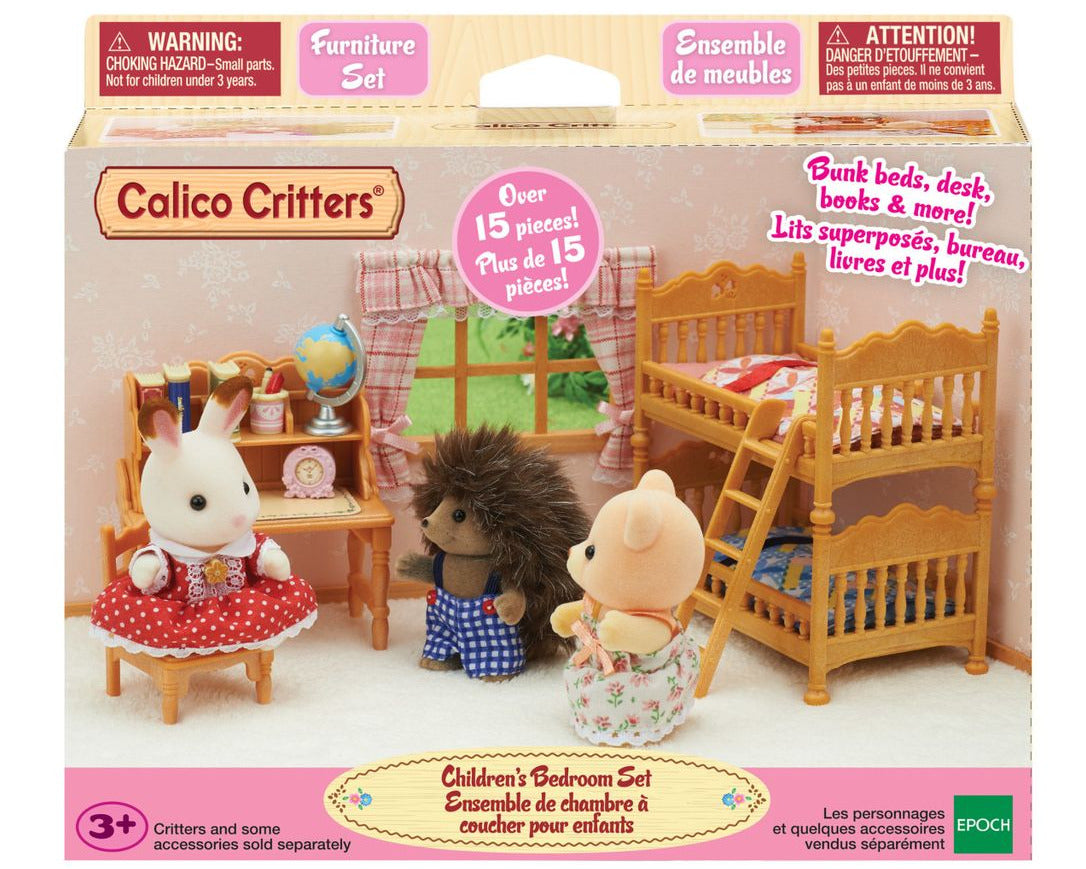 Box of Calico Critters Children’s Bedroom Set, featuring adorable animal figures and detailed dollhouse furniture such as bunk beds, along with charming accessories, all set in a beautifully decorated playroom scene. Ideal for children ages 3 and up.