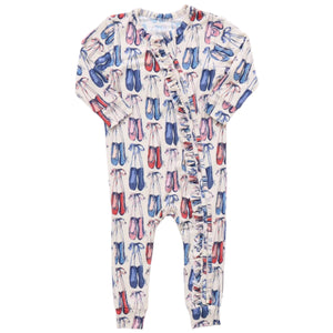 The Pink Chicken Baby Girls' Ruffle Bamboo Romper features long sleeves, a blue and pink ballet shoe pattern, and a ruffled diagonal zipper closure on the front.
