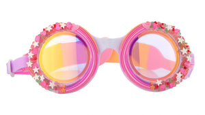 Bling2O Cupcake Sprinkle Swim Goggles for kids feature pink and purple colors, iridescent anti-fog lenses, and star-shaped decorations on the frames, shown from the front.
