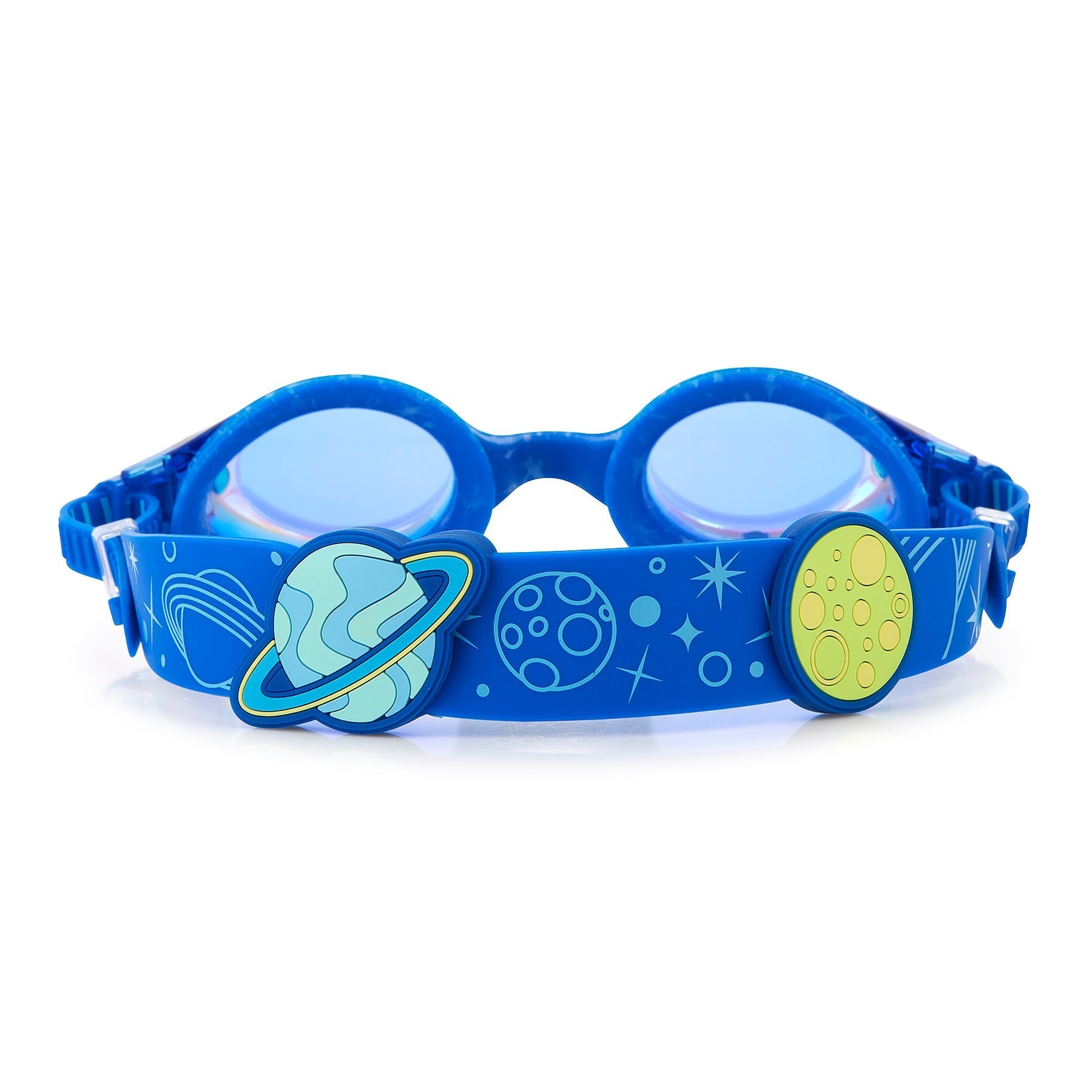The Bling2O Solar Swim Goggles feature a celestial printed strap with planets, stars, and moons—perfect for little space fans.