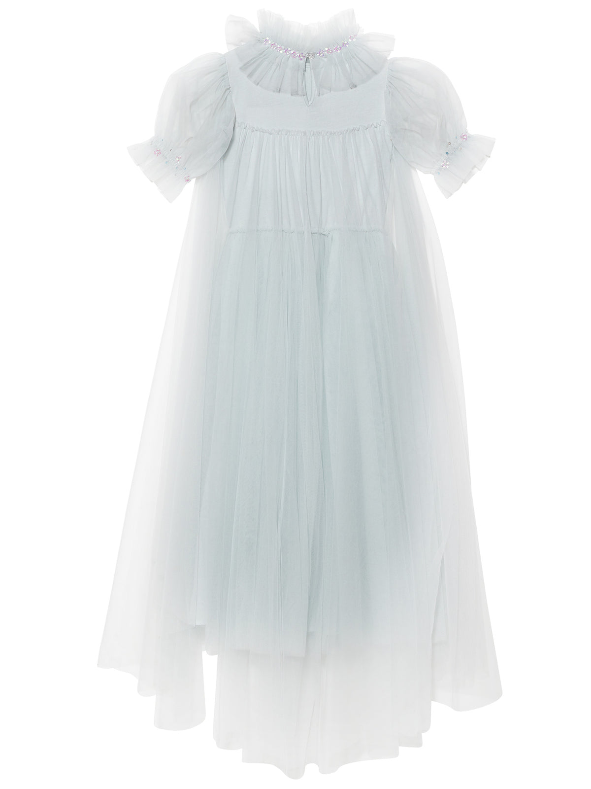 The Tutu du Monde Girls’ Snow Queen Tutu Dress features a pale blue sheer tulle design with puffed short sleeves, a ruffled high neckline, and a layered tulle skirt, accented with delicate embellishments at the neckline and sleeves—making it an ideal choice for an enchanting ice queen costume.