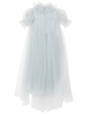 The Tutu du Monde Girls’ Snow Queen Tutu Dress features a pale blue sheer tulle design with puffed short sleeves, a ruffled high neckline, and a layered tulle skirt, accented with delicate embellishments at the neckline and sleeves—making it an ideal choice for an enchanting ice queen costume.