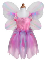 A child's Great Pretenders Butterfly Dress with Wings and Wand, complete with a pink bodice and multicolored tulle skirt, displayed on a mannequin.