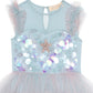The Girls’ Mermaid Magic Tutu Dress by Tutu du Monde features a light blue sleeveless design with sheer ruffle shoulders, iridescent sequin accents, a sparkling star embellishment on the chest reminiscent of a sequin starfish, and a flowing tulle skirt—perfect for her next mermaid costume or magical dress-up adventure.