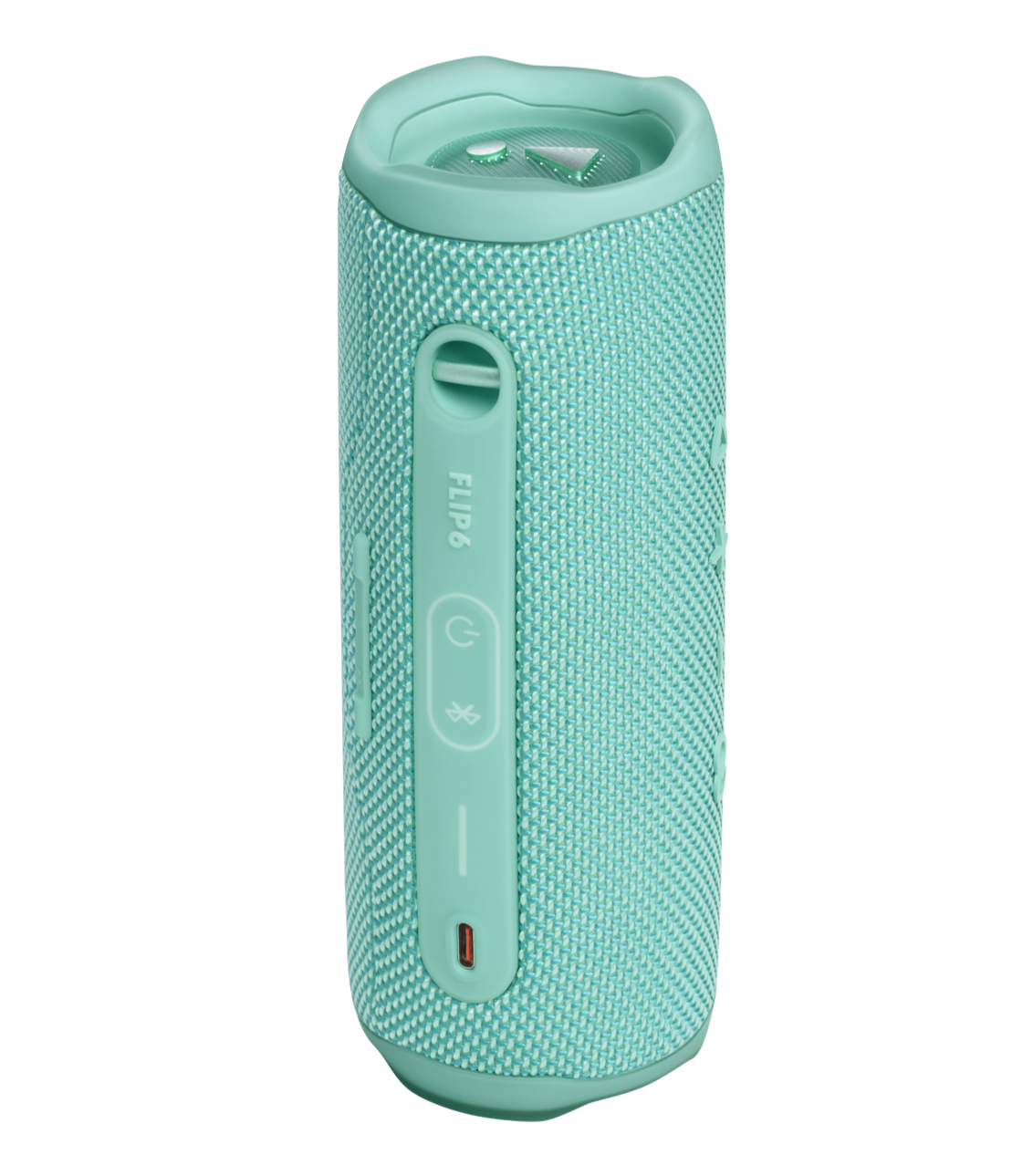 The JBL Flip 6 Waterproof Bluetooth Speaker in teal offers powerful sound in a textured cylindrical design with side control buttons, making it ideal for any adventure.
