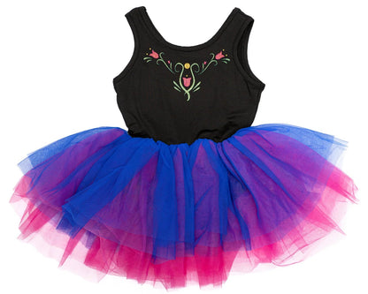 The Anna Northern Lights Ballet Tutu Dress by Great Pretenders is a child’s princess dress with a black sleeveless bodice adorned with floral embroidery and a puffy blue and pink tulle skirt, shown laid flat on a white background—a whimsical costume perfect for any fairy tale adventure.