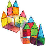 The MAGNA-TILES® Clear Colors 32-Piece Set by Magnatiles can be arranged into small house-like structures with triangular roofs, creating a durable playset for endless imaginative fun.