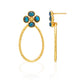 The Berry Clover Teardrop Earrings by Juliska Capucine De Wulf feature gold hammered teardrop hoops with a flower-shaped cluster of four blue stones, shown from front and side views.