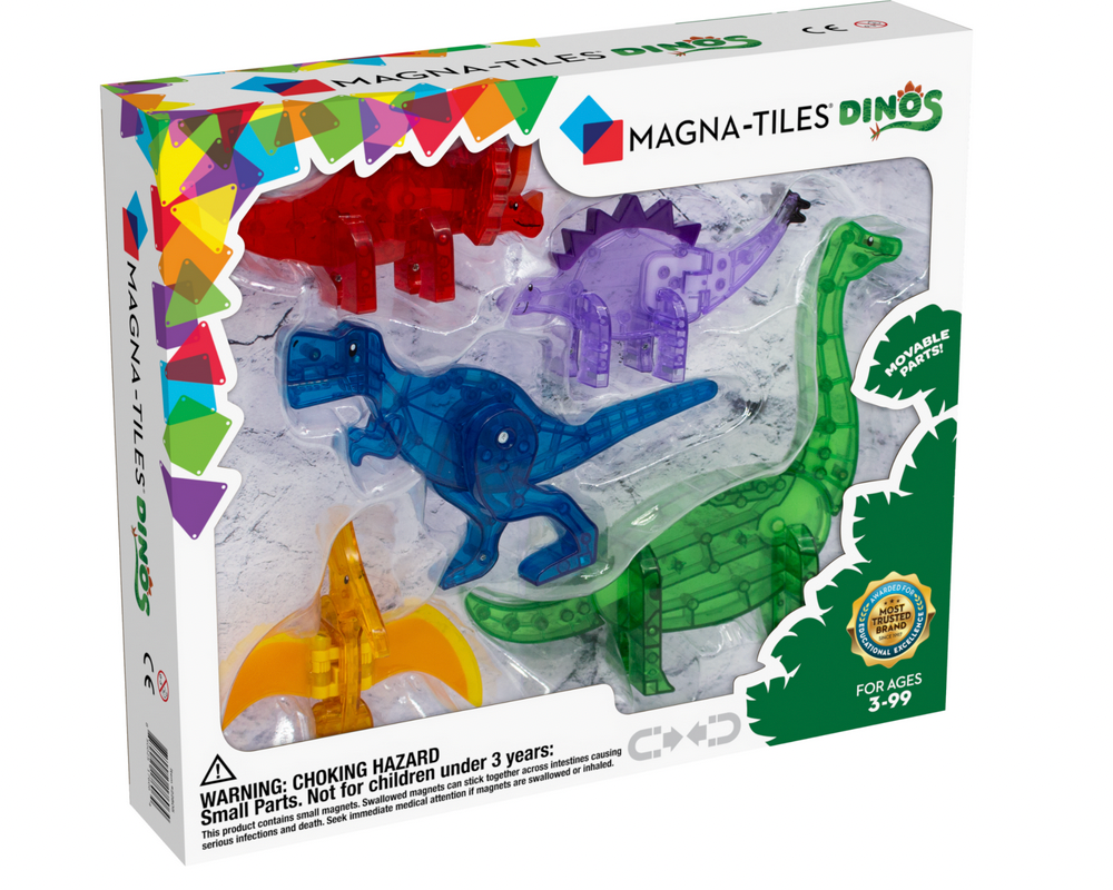 The MAGNA-TILES® Dinos 5-Piece Set from Magnatiles includes colorful, translucent magnetic dinosaurs. The packaging indicates it is suitable for ages 3-99 years and includes a choking hazard warning as well as the official MAGNA-TILES® logo. This set is perfect for STEM learning with the MAGNA-TILES® system.