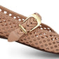 Close-up of the Zimmermann Alchemy Ballerina, a woven tan leather flat featuring gold hardware and a logo-engraved buckle.