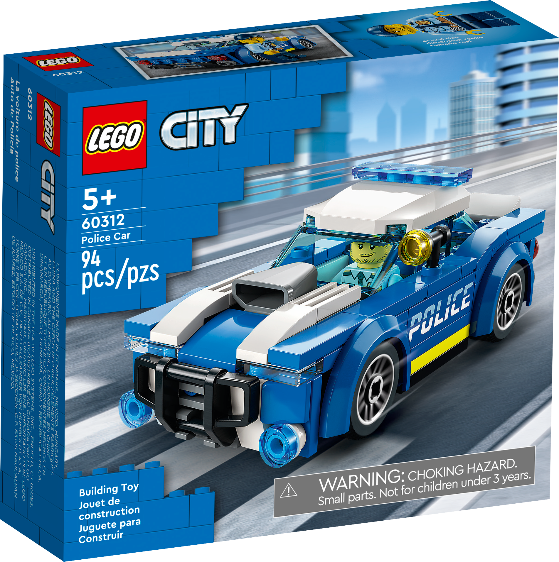 A Legos - Toyhouse City Police Car toy set box featuring 94 pieces for crook-chasing adventures, designed for children aged 5 and up.