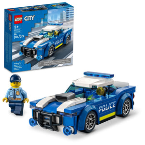 A Legos - Toyhouse City Police Car set with a police officer minifigure designed for crook-chasing adventures, including product packaging and the assembled toy vehicle displayed.