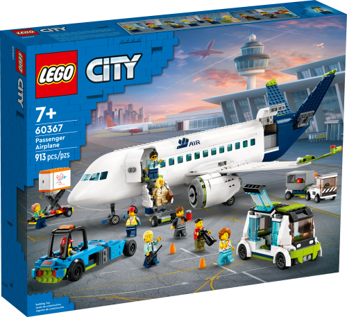 Box of LEGO® City Passenger Airplane set 60367 by Legos - Toyhouse, featuring a passenger airplane with airport vehicles, passengers, crew, and accessories. Contains 913 pieces and is recommended for ages 7 and up.