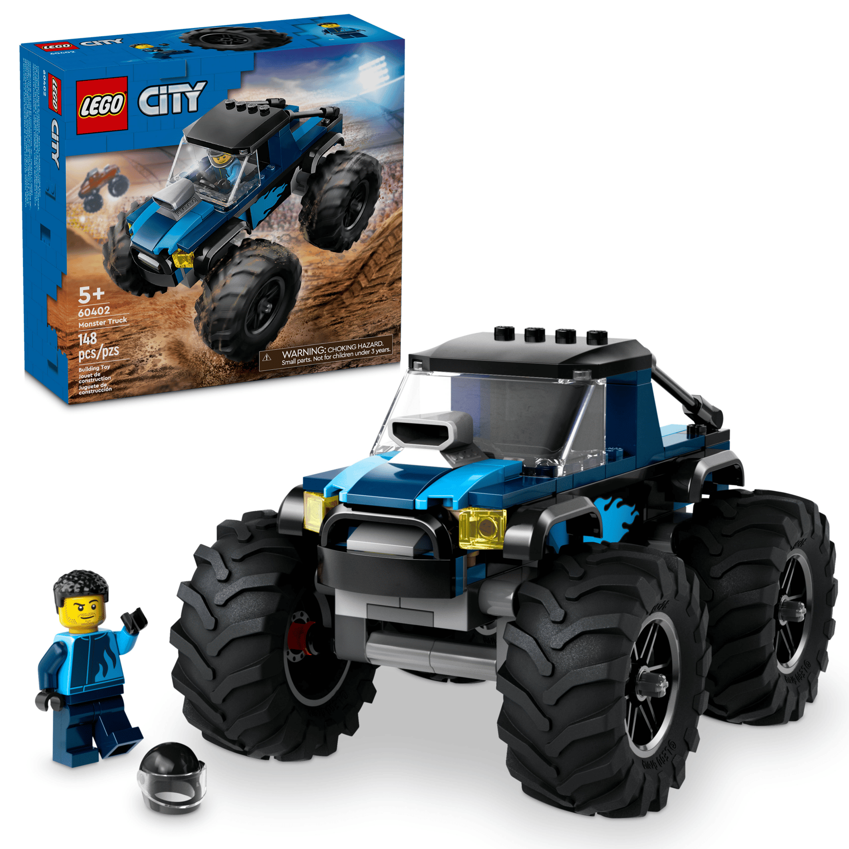 The LEGO® City Blue Monster Truck by Legos - Toyhouse includes a blue and black off-road vehicle, a helmeted minifigure, and action-packed packaging featuring the toy monster truck.
