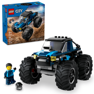 The LEGO® City Blue Monster Truck by Legos - Toyhouse includes a blue and black off-road vehicle, a helmeted minifigure, and action-packed packaging featuring the toy monster truck.