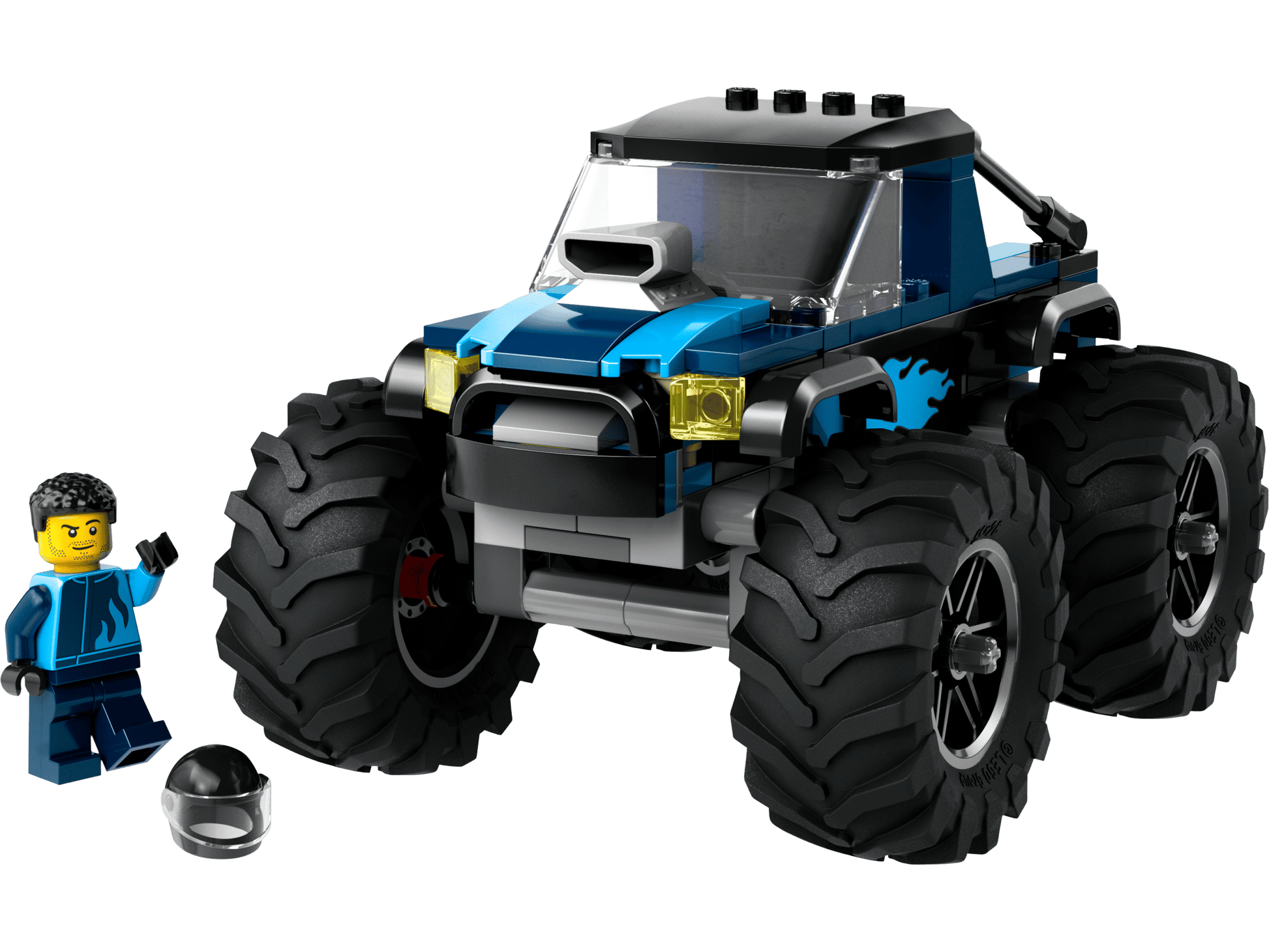 The LEGO® City Blue Monster Truck from Legos - Toyhouse, featuring large wheels, is shown next to a minifigure and helmet for an exciting off-road toy scene.