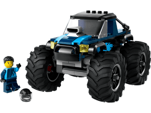 The LEGO® City Blue Monster Truck from Legos - Toyhouse, featuring large wheels, is shown next to a minifigure and helmet for an exciting off-road toy scene.