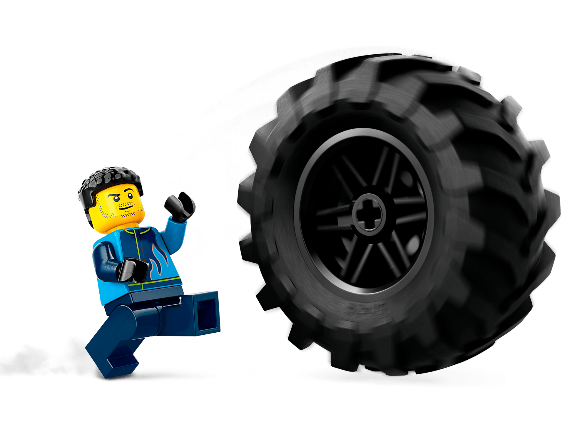 A LEGO® City Blue Monster Truck minifigure in blue runs from a large rolling tire, inspired by Legos - Toyhouse, on a white background.