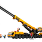 The LEGO® City Yellow Mobile Construction Crane by Legos - Toyhouse features a realistic yellow crane with an extendable boom, lifting a blue structure, and includes minifigures in construction outfits—ideal for any construction vehicle playset.