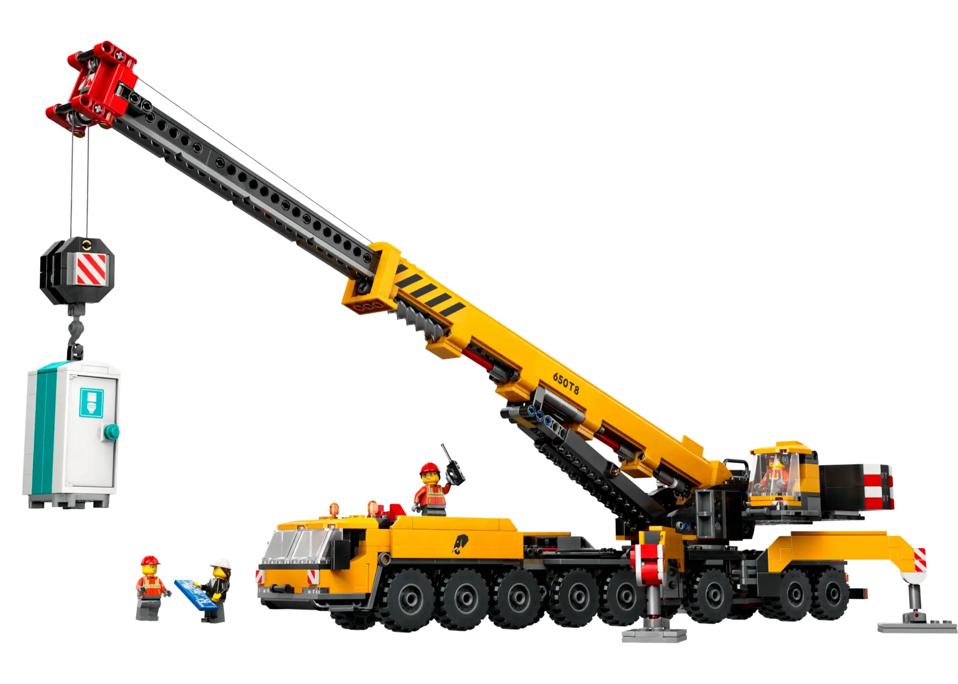 The LEGO® City Yellow Mobile Construction Crane by Legos - Toyhouse features a realistic yellow crane with an extendable boom, lifting a blue structure, and includes minifigures in construction outfits—ideal for any construction vehicle playset.