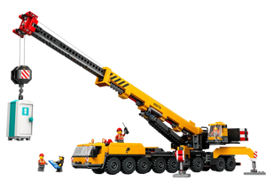 The LEGO® City Yellow Mobile Construction Crane by Legos - Toyhouse features a realistic yellow crane with an extendable boom, lifting a blue structure, and includes minifigures in construction outfits—ideal for any construction vehicle playset.