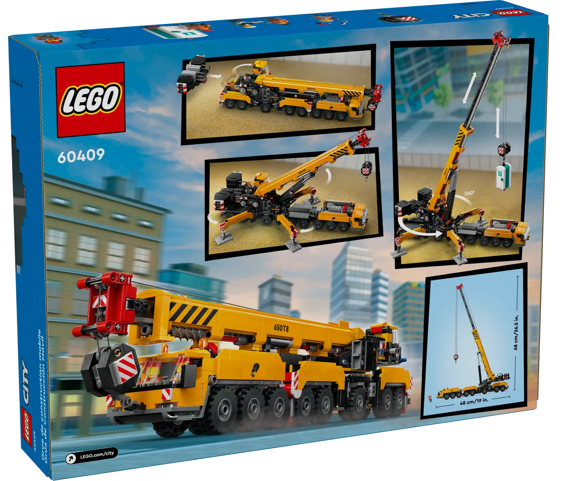 Back of a LEGO® City Yellow Mobile Construction Crane box by Legos - Toyhouse, featuring a realistic crane with images of its extending, rotating arm against a city backdrop—the ideal construction vehicle playset for aspiring builders.