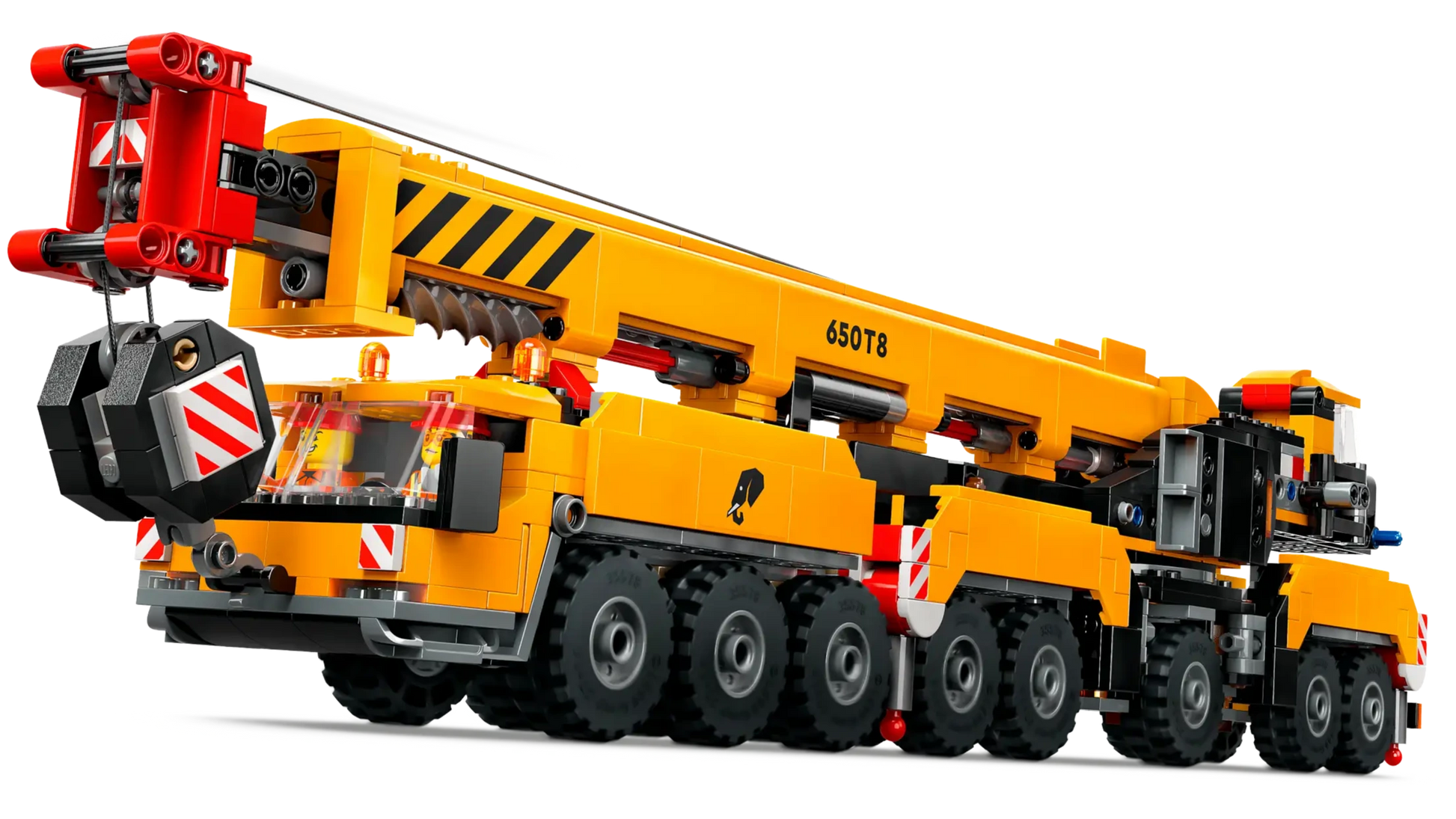 The LEGO® City Yellow Mobile Construction Crane by Legos - Toyhouse features eight wheels, an extended boom arm, and red-and-white stripes—an ideal realistic crane toy to complete any construction vehicle playset.