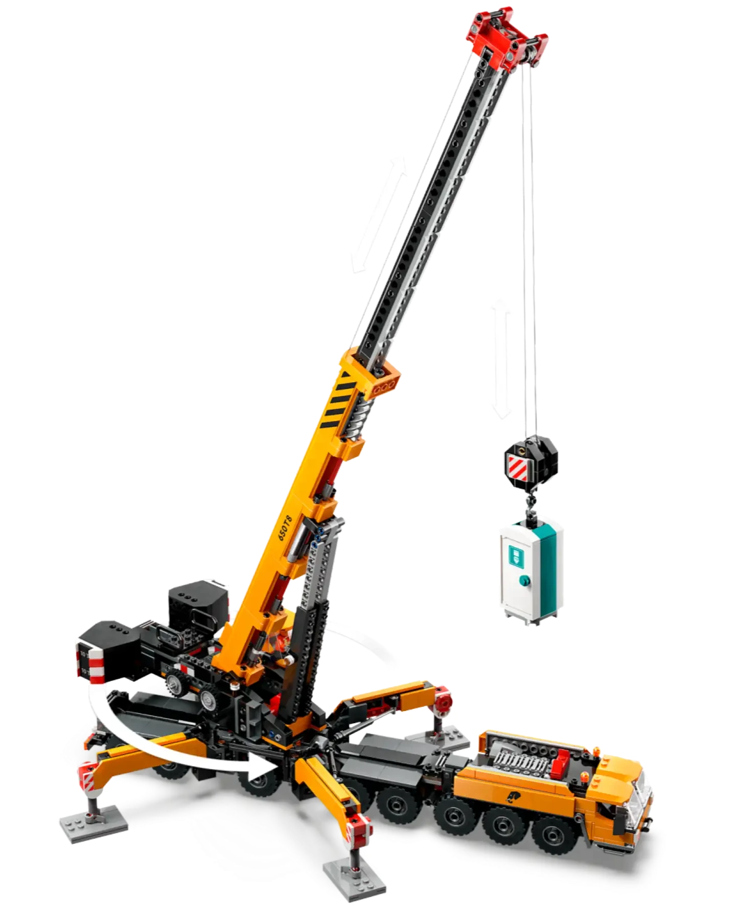 A realistic LEGO® City Yellow Mobile Construction Crane by Legos - Toyhouse features yellow and black colors, an extended boom with hook lifting a blue and white container, and deployed stabilizing legs for safety.