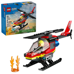The Legos - Toyhouse LEGO® City Fire Rescue Helicopter set includes a red and black rescue helicopter, pilot minifigure, two flame pieces, and box—ideal for action-packed building and imaginative play adventures.