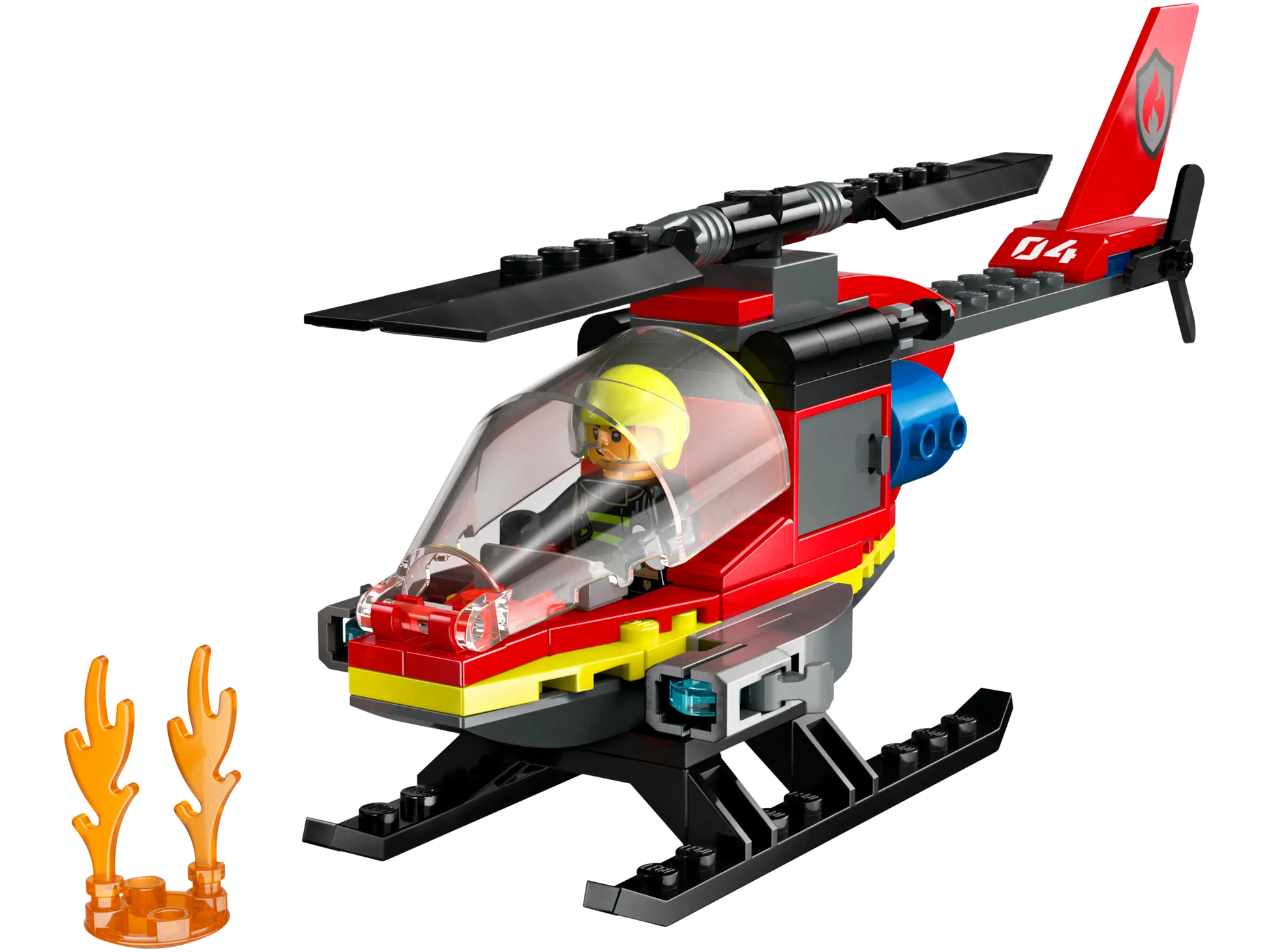 The Legos - Toyhouse LEGO® City Fire Rescue Helicopter features a firefighter minifigure, red and black design, and orange flame pieces—an ideal building playset for action-packed fire rescue adventures.