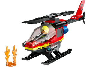 The Legos - Toyhouse LEGO® City Fire Rescue Helicopter features a firefighter minifigure, red and black design, and orange flame pieces—an ideal building playset for action-packed fire rescue adventures.
