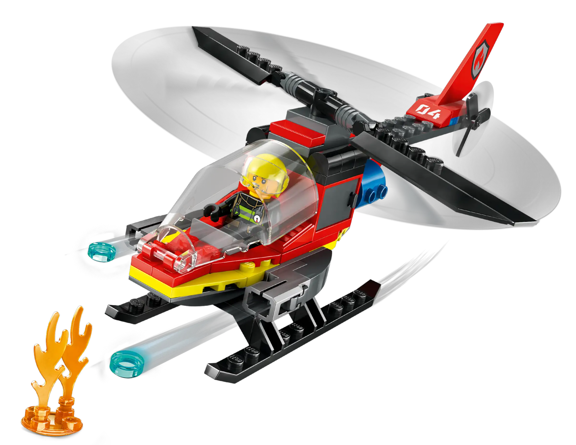 The LEGO® City Fire Rescue Helicopter by Legos - Toyhouse features a spinning rotor, minifigure pilot, blue projectiles, and a small flame piece for realistic fire rescue play.