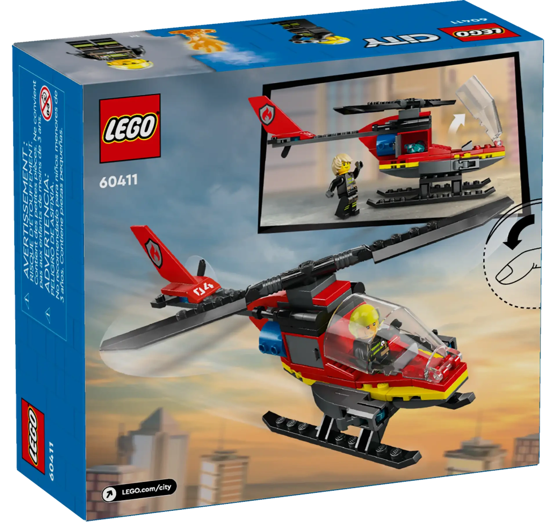 Back of a Legos - Toyhouse LEGO® City Fire Rescue Helicopter box set shows the red and black helicopter with minifigure pilot and cockpit opening inset, ideal for creative building adventures.