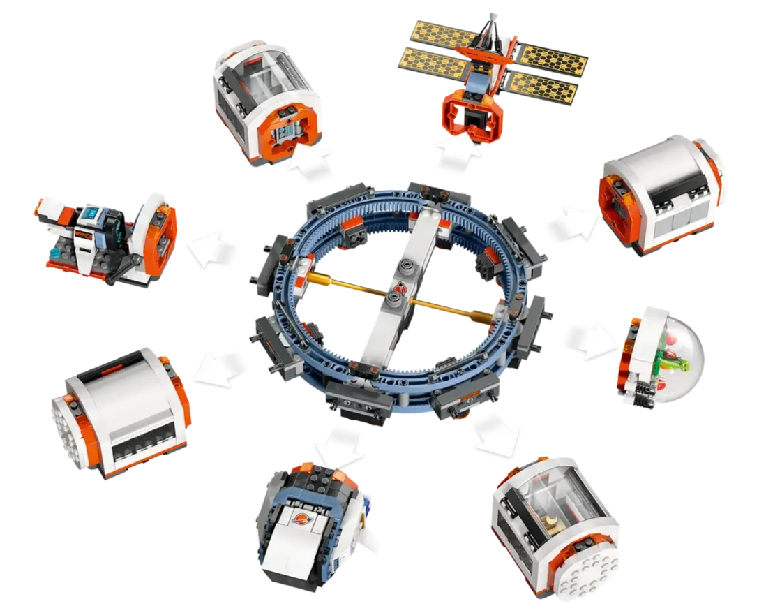 The LEGO® City Modular Space Station by Legos - Toyhouse features a central hub with eight detachable modules—including astronaut toy, satellite, labs, and living quarters—arranged in a circle.
