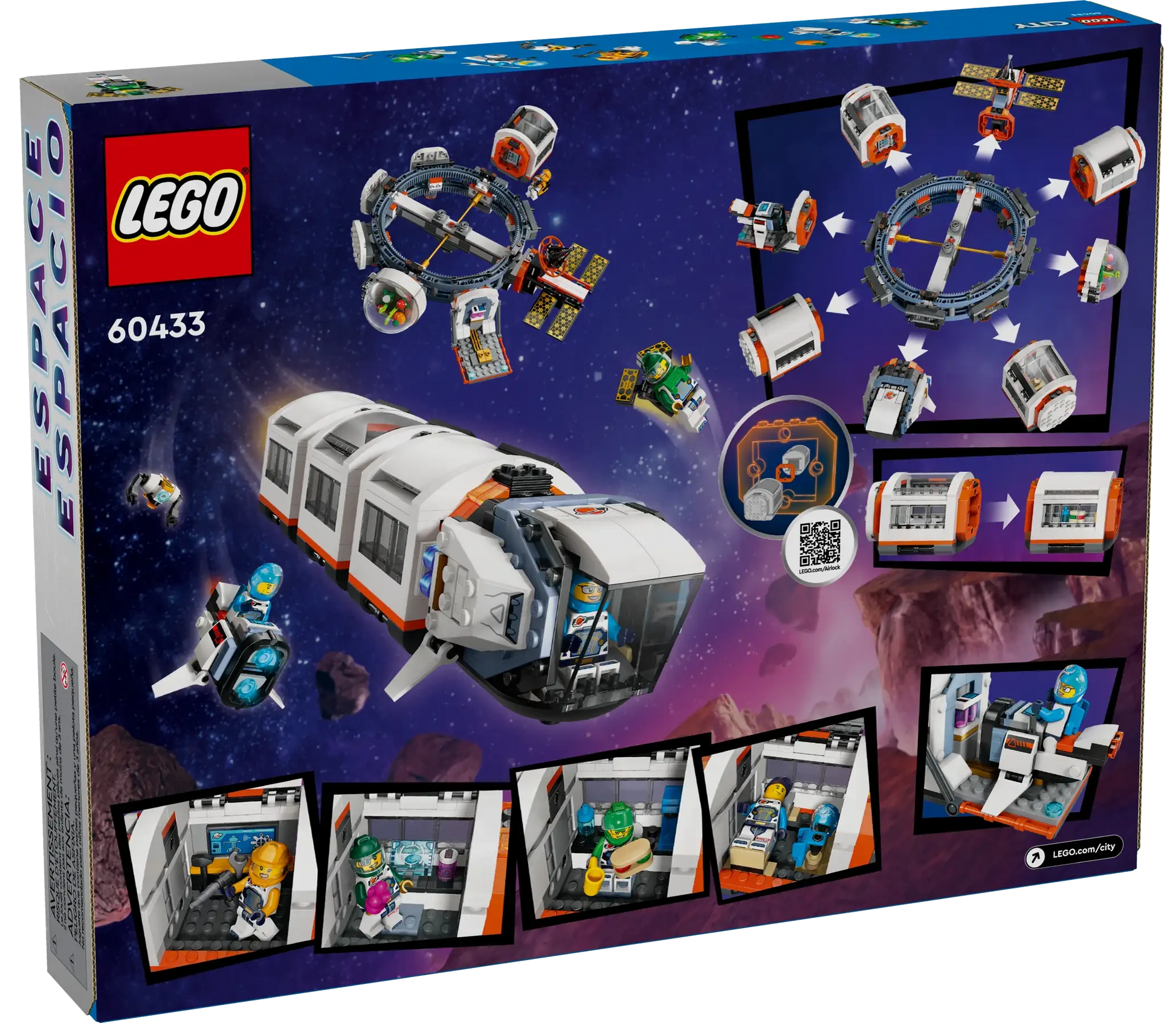Back of the LEGO® City Modular Space Station by Legos - Toyhouse shows a modular spaceship, astronaut minifigures, assembly instructions, and play features set against a starry outer space backdrop.