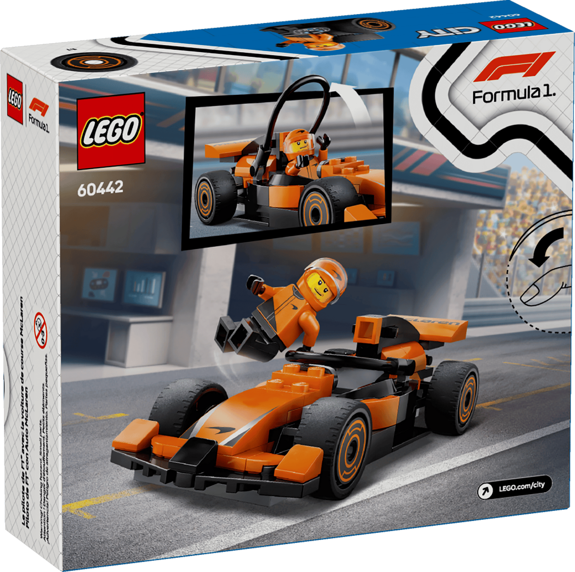 The LEGO® City F1® Driver with McLaren Race Car by Legos - Toyhouse features an orange race car, driver minifigure, and LEGO City F1 and Formula 1 toy logos on the packaging.