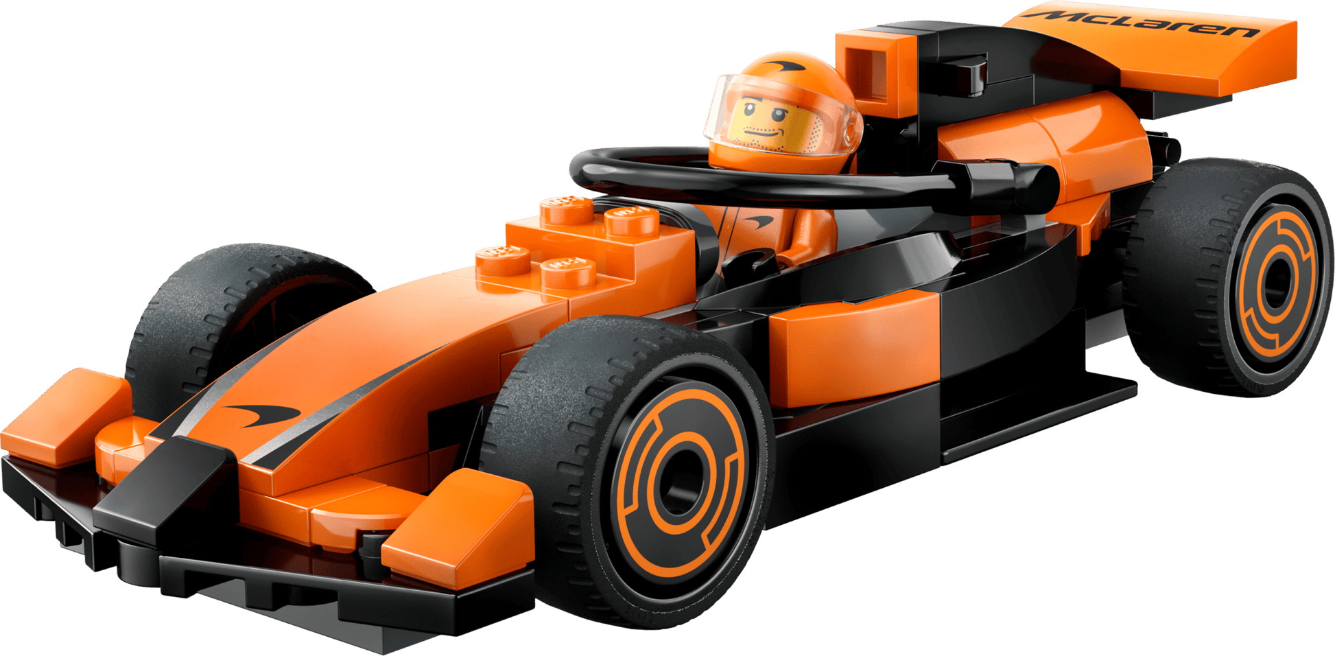 The LEGO® City F1® Driver with McLaren Race Car by Legos - Toyhouse features a bold orange and black race car and includes a minifigure driver with a helmet seated inside.