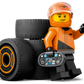 The LEGO® City F1® Driver with McLaren Race Car from Legos - Toyhouse features a minifigure in an orange racing suit and helmet, three black tires, and a handheld device—ideal for any LEGO City F1 or Formula 1 collection.