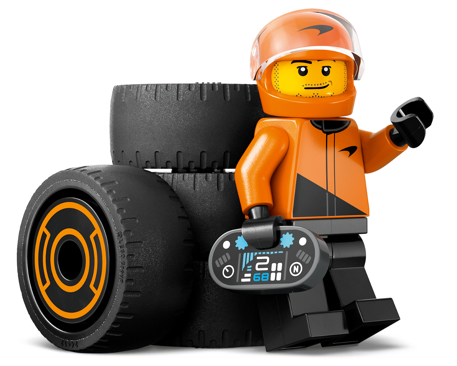 The LEGO® City F1® Driver with McLaren Race Car from Legos - Toyhouse features a minifigure in an orange racing suit and helmet, three black tires, and a handheld device—ideal for any LEGO City F1 or Formula 1 collection.