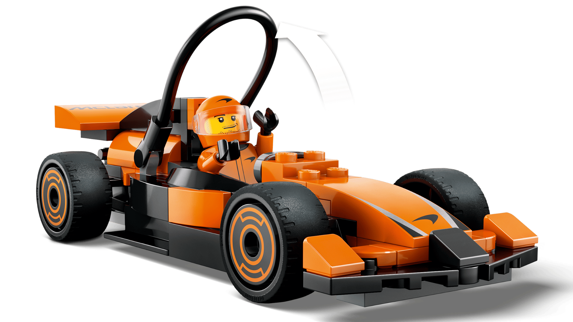 The Legos - Toyhouse LEGO® City F1® Driver with McLaren Race Car features an orange and black Formula 1 car, a minifigure driver with helmet, raised safety halo, and detailed wheels—perfect for fans of racing action.