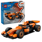 The Legos - Toyhouse LEGO® City F1® Driver with McLaren Race Car set includes 86 pieces and features an orange and black race car with a minifigure driver, inspired by McLaren designs, shown with packaging.