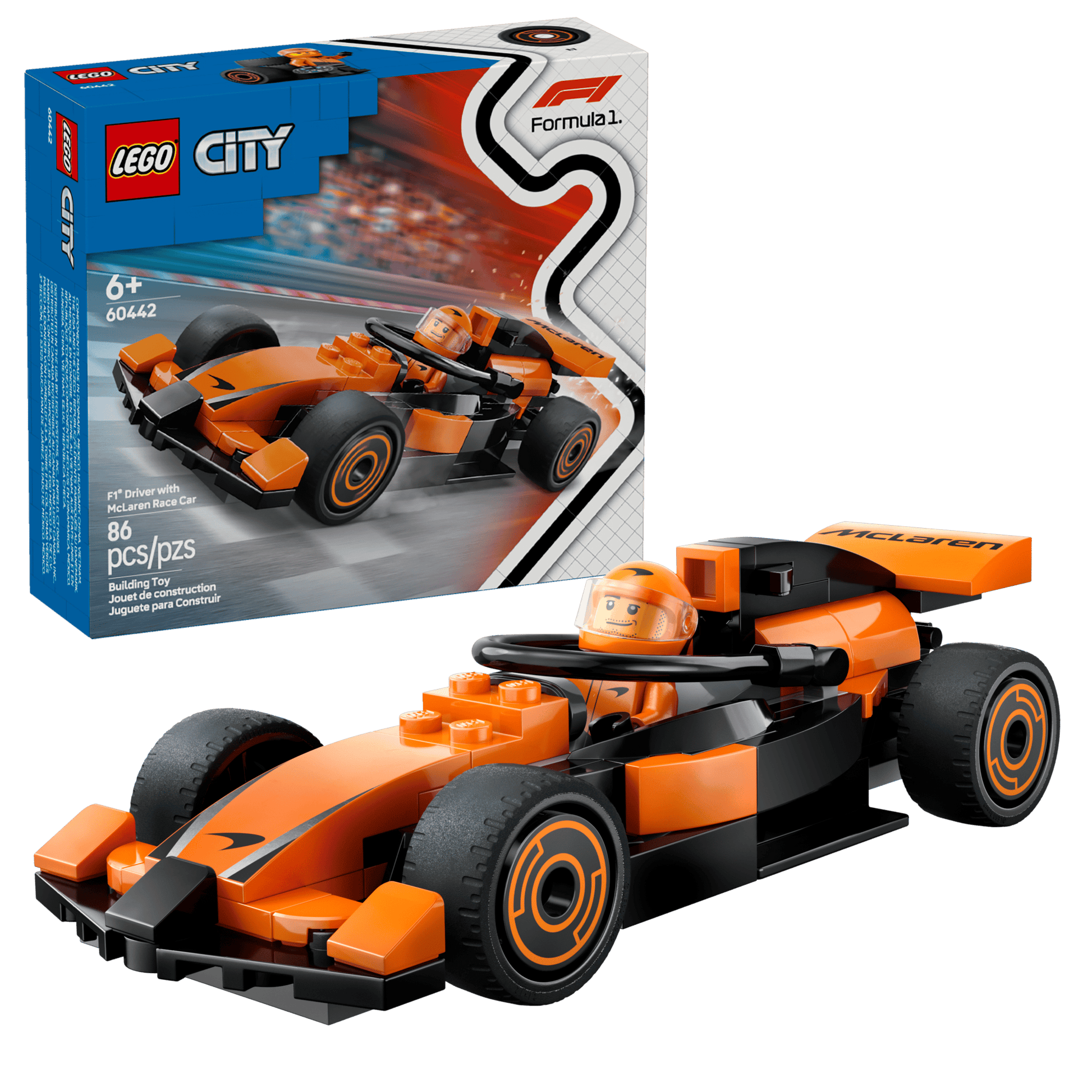 The Legos - Toyhouse LEGO® City F1® Driver with McLaren Race Car set includes 86 pieces and features an orange and black race car with a minifigure driver, inspired by McLaren designs, shown with packaging.