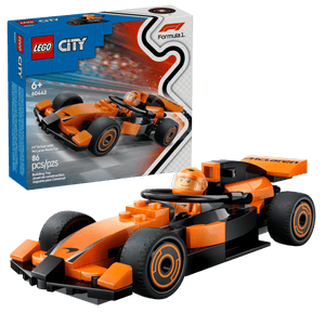 The Legos - Toyhouse LEGO® City F1® Driver with McLaren Race Car set includes 86 pieces and features an orange and black race car with a minifigure driver, inspired by McLaren designs, shown with packaging.