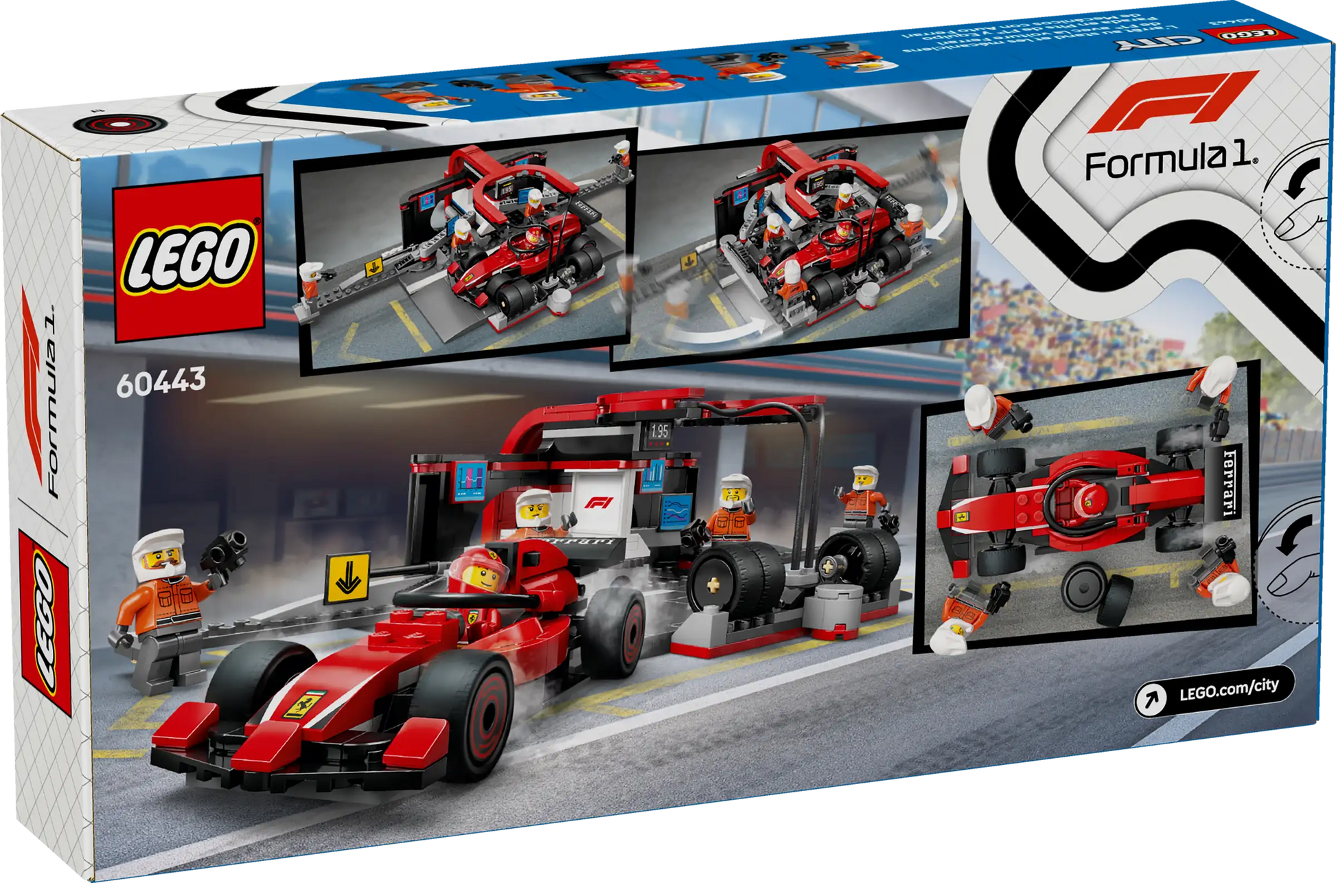 The Legos - Toyhouse LEGO® City F1® Pit Stop & Pit Crew with Ferrari Car set features a red Ferrari race car, pit stop garage, four minifigures, and official F1 branding shown on the box.