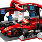 The LEGO® City F1® Pit Stop & Pit Crew with Ferrari Car by Legos - Toyhouse includes a Ferrari Formula 1 race car, four pit crew minifigures with tools, and detailed racing equipment and screens for a realistic pit stop scene.