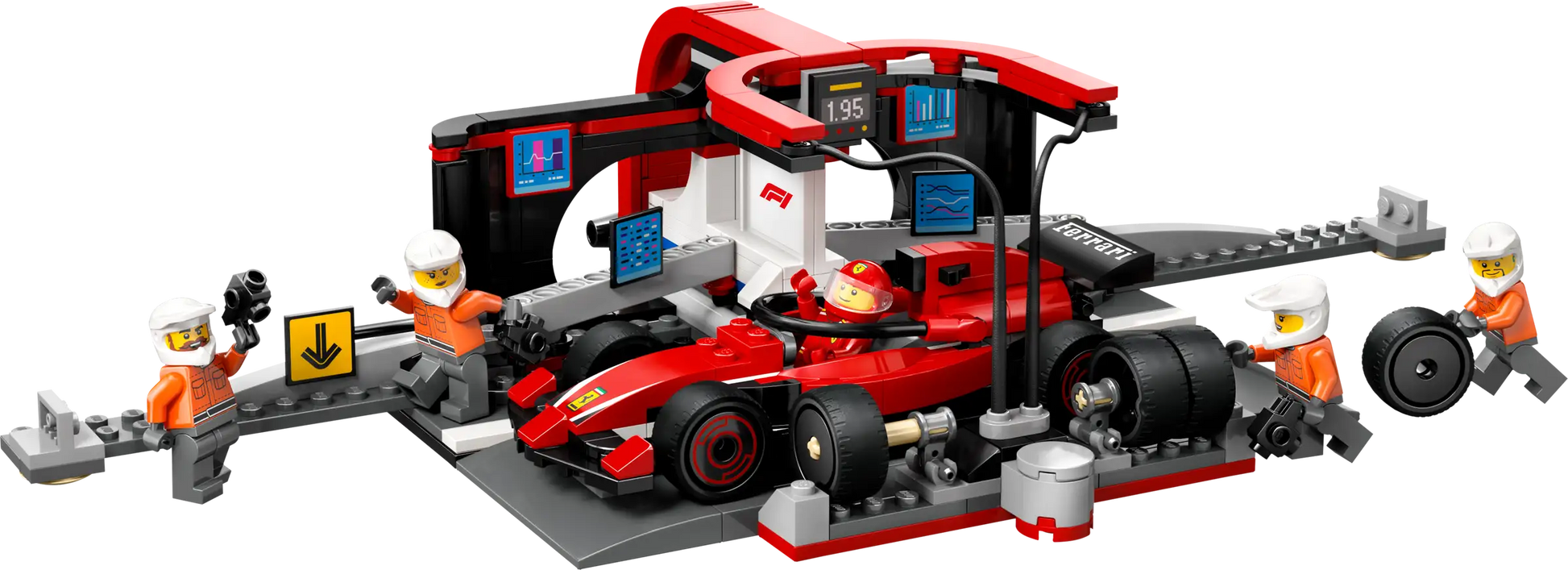 The LEGO® City F1® Pit Stop & Pit Crew with Ferrari Car by Legos - Toyhouse includes a Ferrari Formula 1 race car, four pit crew minifigures with tools, and detailed racing equipment and screens for a realistic pit stop scene.