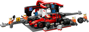 The LEGO® City F1® Pit Stop & Pit Crew with Ferrari Car by Legos - Toyhouse includes a Ferrari Formula 1 race car, four pit crew minifigures with tools, and detailed racing equipment and screens for a realistic pit stop scene.