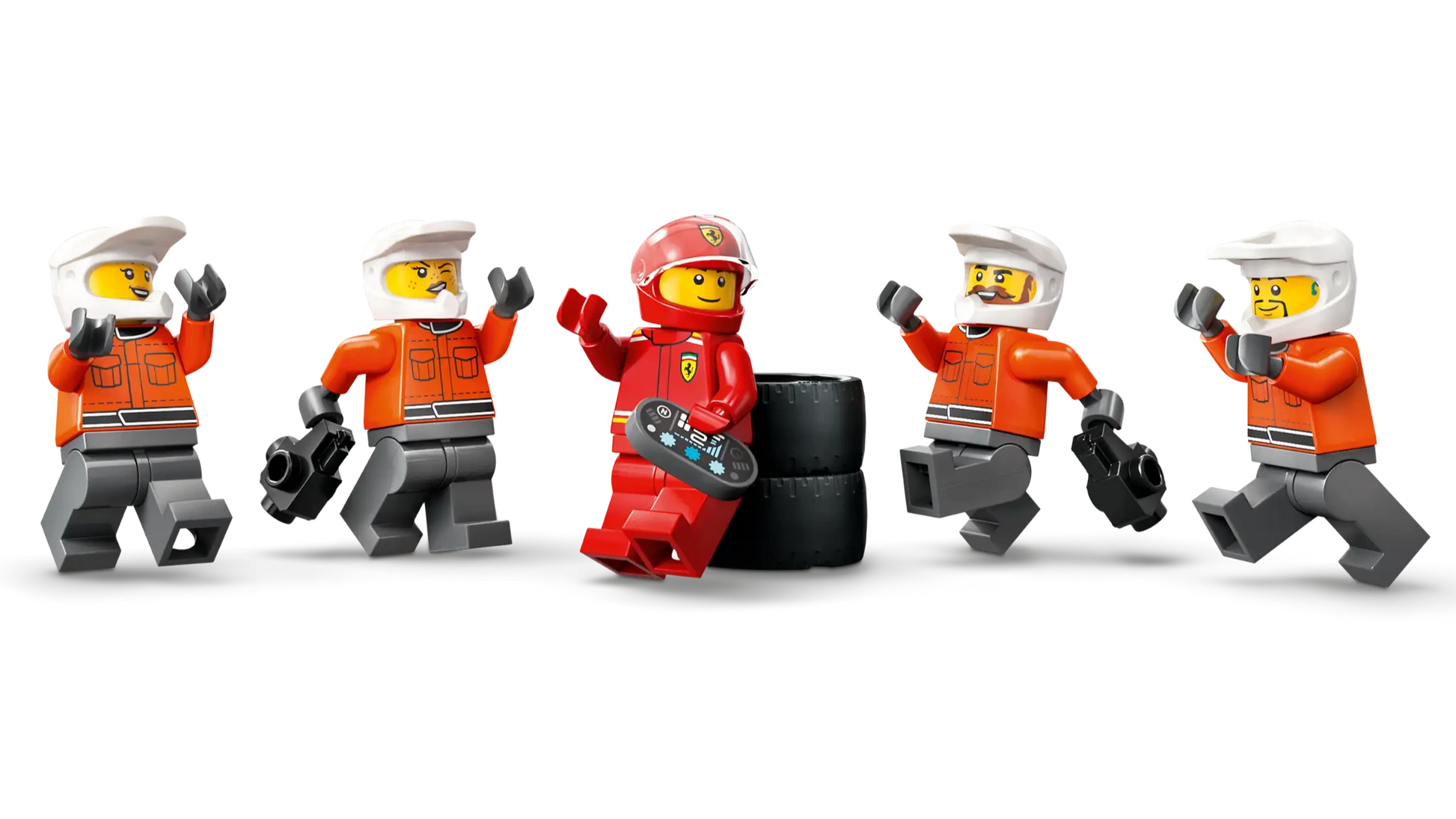 Five LEGO minifigures—one in a red racing suit on tires and four in orange uniforms with tools—gear up for action at the LEGO® City F1® Pit Stop & Pit Crew with Ferrari Car by Legos - Toyhouse.