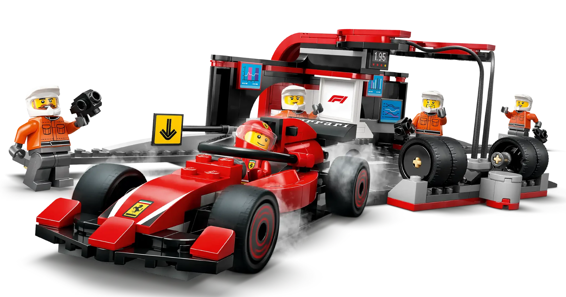 Experience the excitement with the LEGO® City F1® Pit Stop & Pit Crew with Ferrari Car by Legos - Toyhouse, featuring a red Ferrari race car, pit crew minifigures, tools, and accessories for realistic racing adventures.